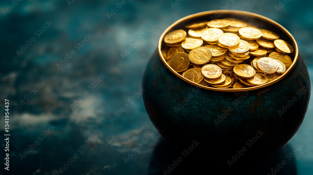 coins in a metal bowl on a dark background. concept of money and wealth.