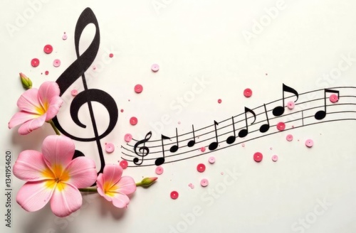 Musical notes, treble clef, flowers with place for text, postcard