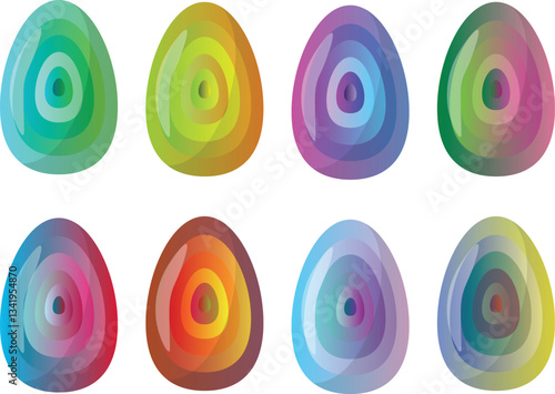 The image features eight stylized eggs designed with an abstract, layered effect and smooth color transitions. Each egg has a unique color palette, creating a sense of depth and dimensionality.