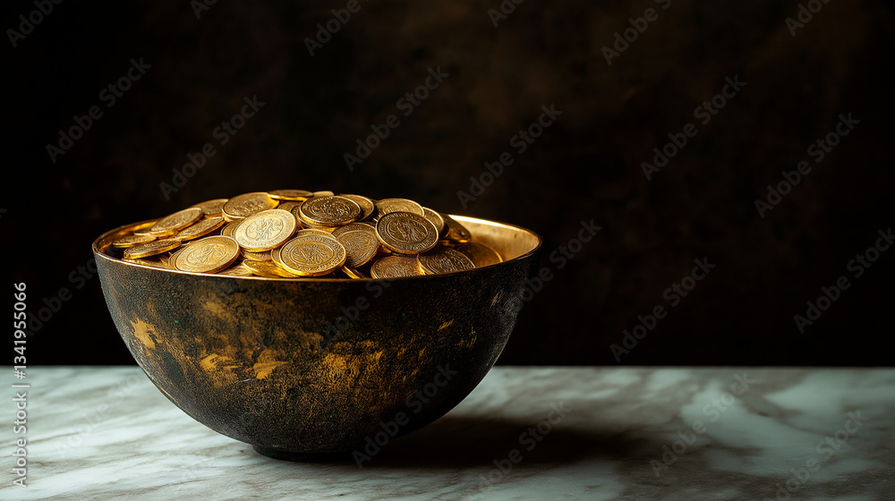 coins in a metal bowl on a dark background. concept of money and wealth.