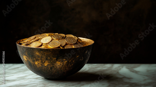 Obraz na płótnie coins in a metal bowl on a dark background. concept of money and wealth. w salonie