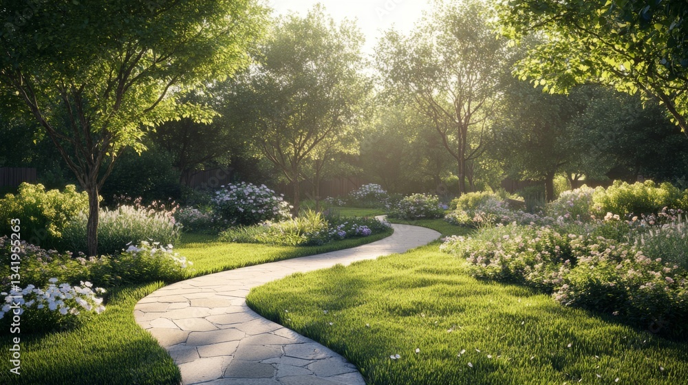 Obraz premium Winding Path Through Lush Green Garden in Sunlight