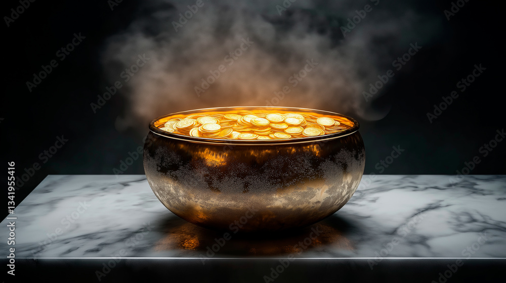 coins in a metal bowl on a dark background. concept of money and wealth.