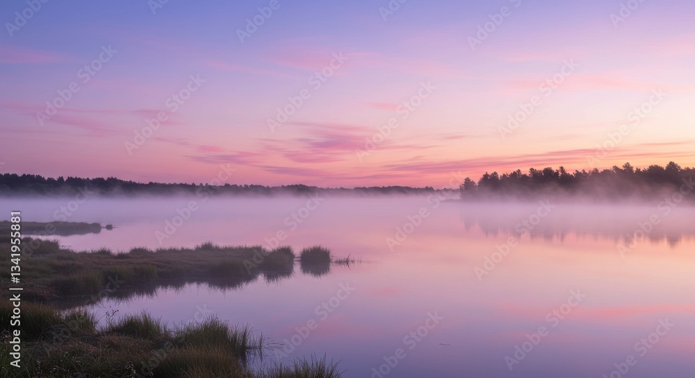 Serene sunrise over misty lake with vibrant colors and reflections Serene sunrise over misty lake with vibrant colors and reflections