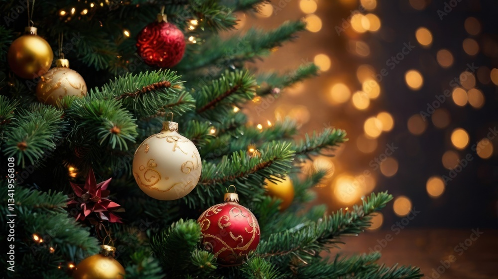 Fototapeta premium Christmas tree ornaments, glowing lights, home