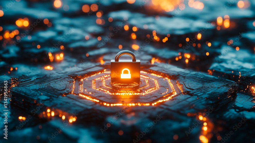 glowing lock and key on a dark background