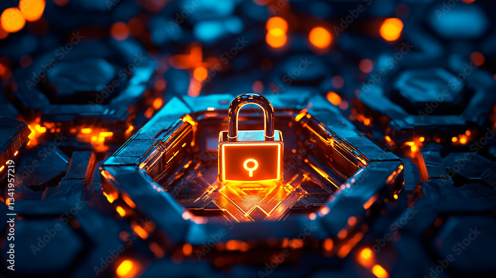 glowing lock and key on a dark background