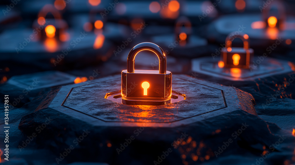 glowing lock and key on a dark background