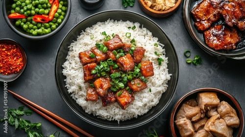 Wallpaper Mural Braised pork rice on light grey table from above Torontodigital.ca