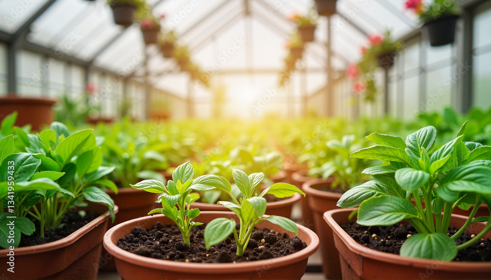Lush greenery thriving in warm greenhouse, nurturing growth Lush greenery thriving in warm greenhouse, nurturing growth