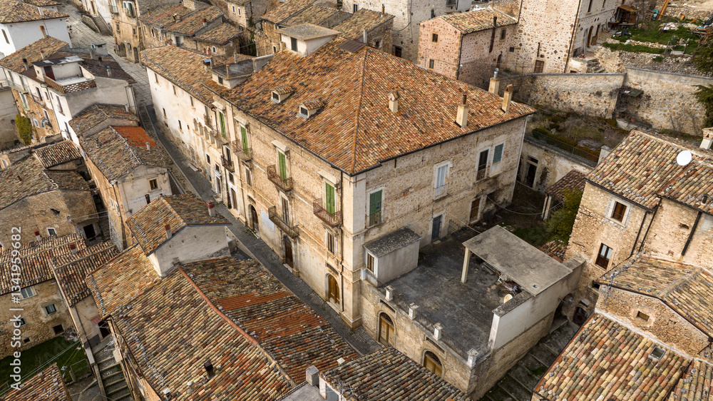 Aerial view of a building in a small Italian town.