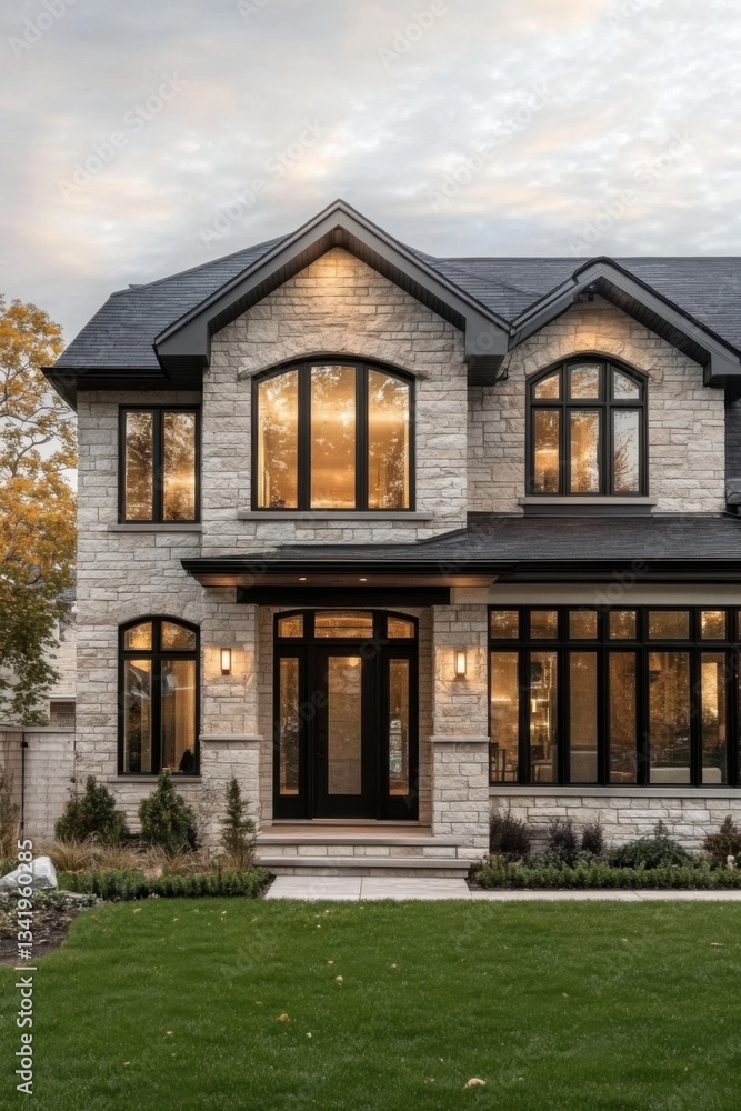 Modern stone residence showcases elegant design with large windows and manicured landscaping in a peaceful suburban neighborhood during twilight hours Modern stone residence showcases elegant design with large windows and manicured landscaping in a peaceful suburban neighborhood during twilight hours