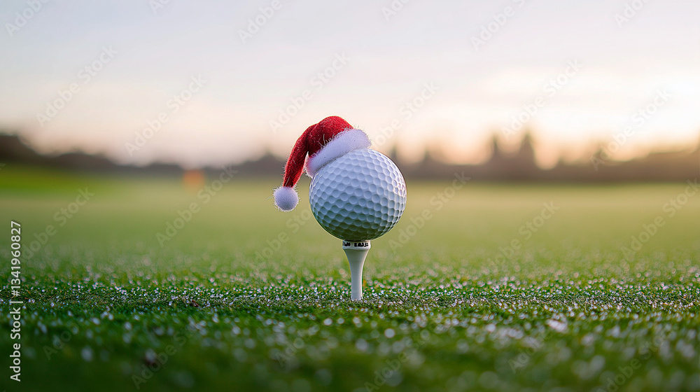 santa hat and golf club on color background with copy space