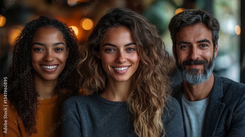 Fototapeta premium Portrait of three diverse smiling people, a young woman with wavy hair in the center, a curly-haired woman on the left, and a bearded man on the right, standing closely in a warmly lit cafe.