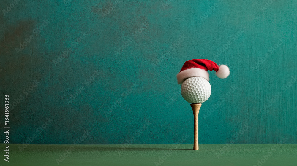 santa hat and golf club on color background with copy space