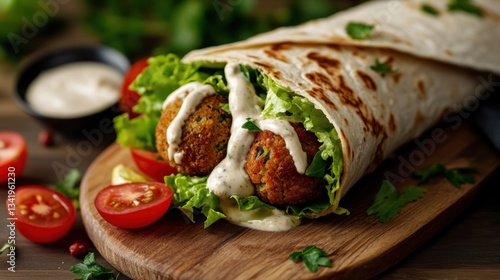 Delicious falafel wrap with tahini sauce, fresh vegetables, a mediterranean delight