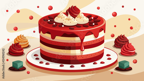 red velvet cake with layers in red background, elegant display and chocolate bits as decoration on top