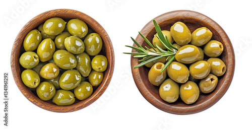 Castelvetrano green olives in wooden bowl, fresh marinated olives, gourmet Italian appetizer, transparent background