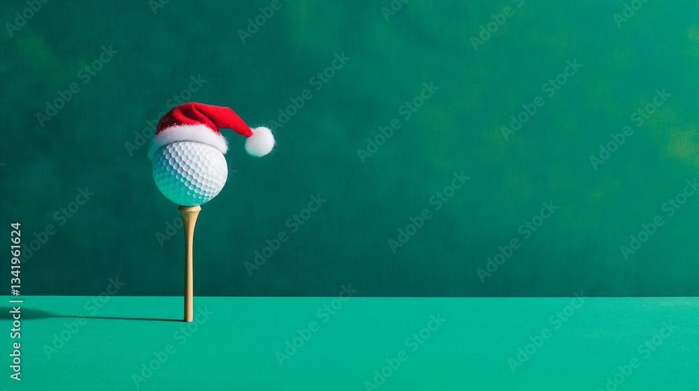 santa hat and golf club on color background with copy space
