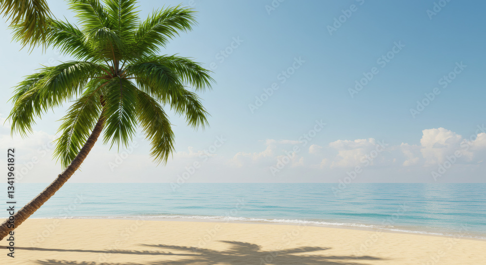A tropical palm tree swaying gently in the breeze on a sandy beach.
A tropical palm tree swaying gently in the breeze on a sandy beach.
