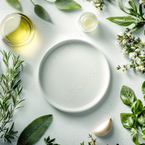 A collection of fresh herbs including rosemary, sage, and basil, arranged around a blank white plate, creating a vibrant, natural cooking backdrop.