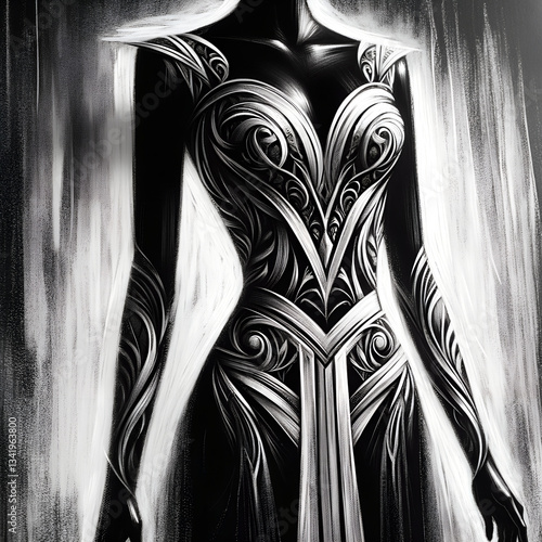 A sleek and elegant white dress with an asymmetrical design, depicted in an expressionism style