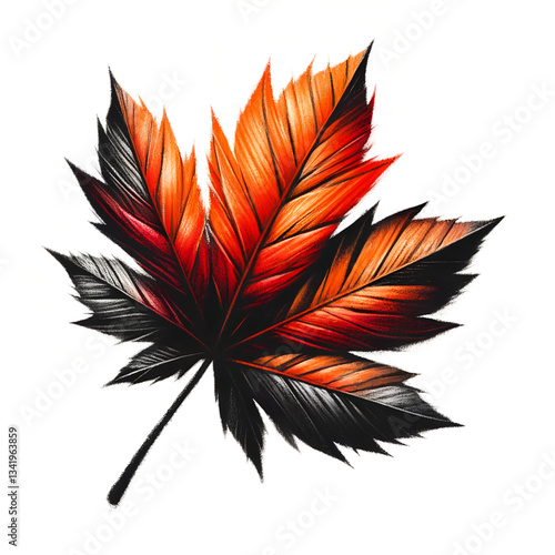 A beautiful autumn leaf with vibrant shades of orange and red, depicted in a charcoal drawing style