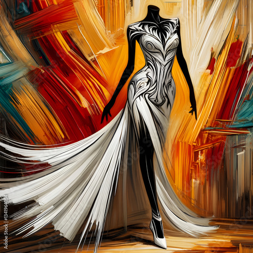 A sleek and elegant white dress with an asymmetrical design, depicted in an expressionism style