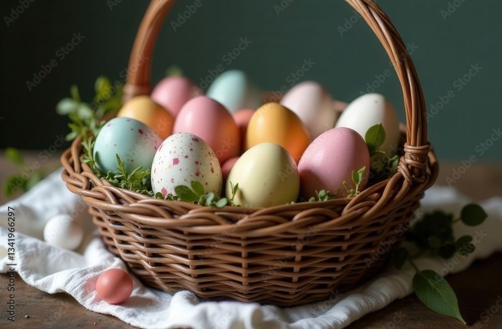 Easter still life with a basket filled with painted eggs, fresh colors, vertebrae branches and Easter cake Easter still life with a basket filled with painted eggs, fresh colors, vertebrae branches and Easter cake