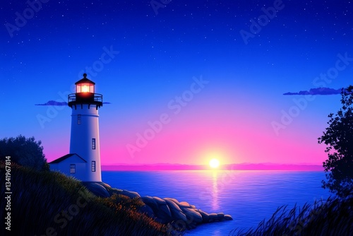 Wallpaper Mural Coastal Sunset Lighthouse Serenity - A picturesque lighthouse stands tall against a vibrant sunset, symbolizing hope, guidance, safety, peace, and tranquility Torontodigital.ca