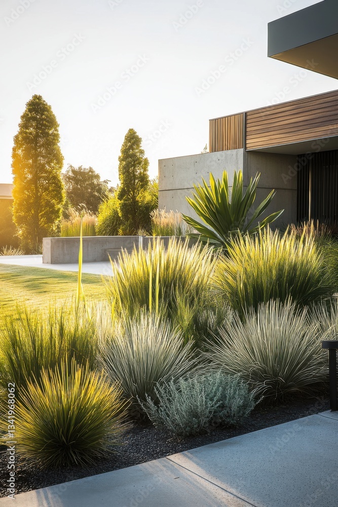 Obraz premium Vibrant garden landscaping showcases a variety of plants in a modern outdoor space during golden hour at a contemporary home in an urban setting