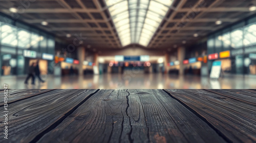 Wallpaper Mural Empty wooden table and Abstract blur airport interior for background Torontodigital.ca