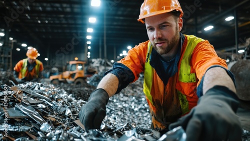 Workers sorting scrap metal at a large recycling facility, piles of aluminum, steel, and copper