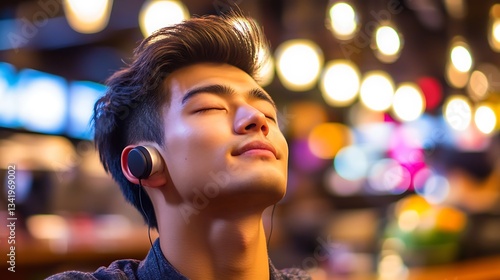 Relaxed man listening to music in a vibrant cafe