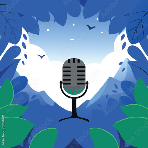A nature inspired podcast background with a micro. 