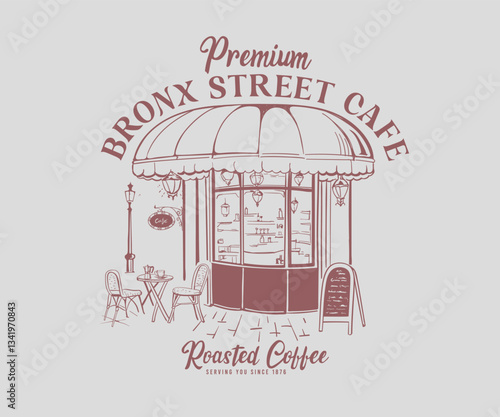 Bronx New York vintage street cafe hand drawn vector art, Retro vintage street coffee shop artwork with typography, Old cafe illustration for t shirt, tote bag, screen print