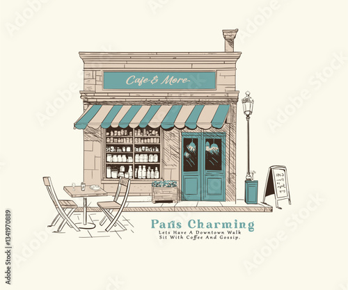 Paris France Street Cafe Vector Art, Retro vintage coffee shop artwork for t shirt, tote bag, poster, graphic print