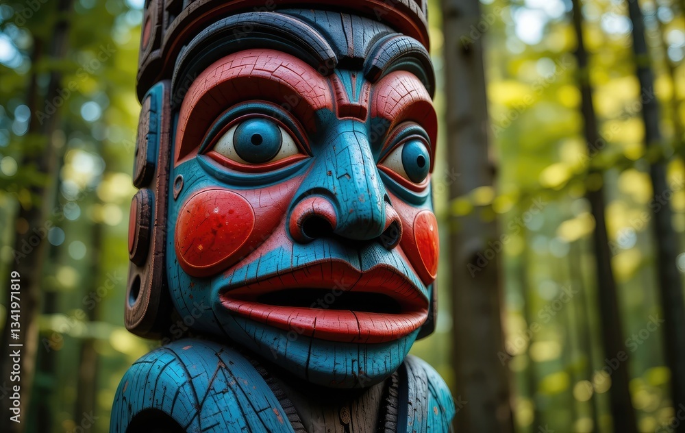 Totem Pole in Forest with Blue and Red Wood Carving Totem Pole in Forest with Blue and Red Wood Carving