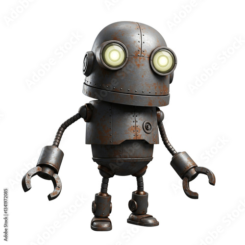 Goofy cartoon robot with glowing eyes and flexible arms, transparent background