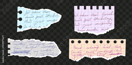 Set with of torn paper with handwritten unreadable text