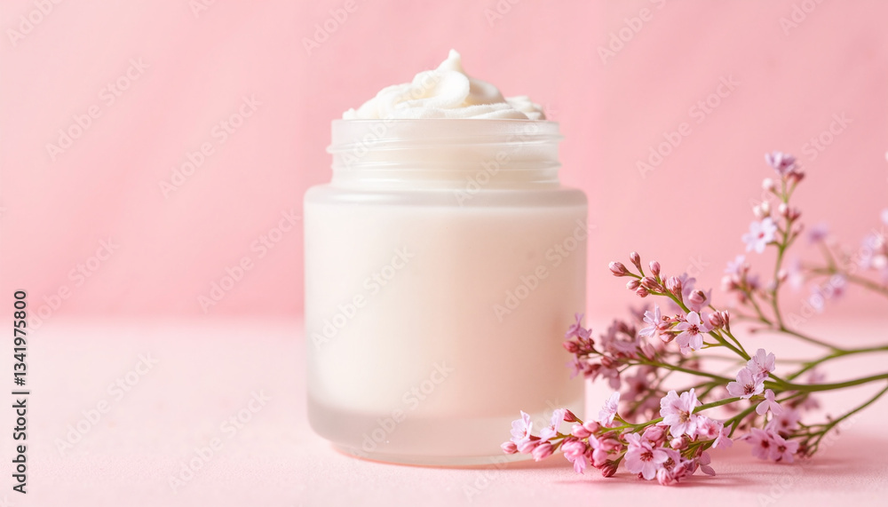 Moisturizing cream jar with flowers on pink background Moisturizing cream jar with flowers on pink background