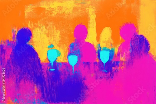 Group of people enjoy a lively night, seated at a bar with colorful drinks in hand. The atmosphere is filled with energy and excitement as they socialize and celebrate.