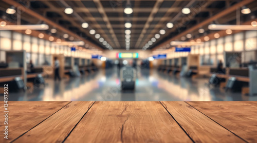Wallpaper Mural Empty wooden table and Abstract blur airport interior for background Torontodigital.ca