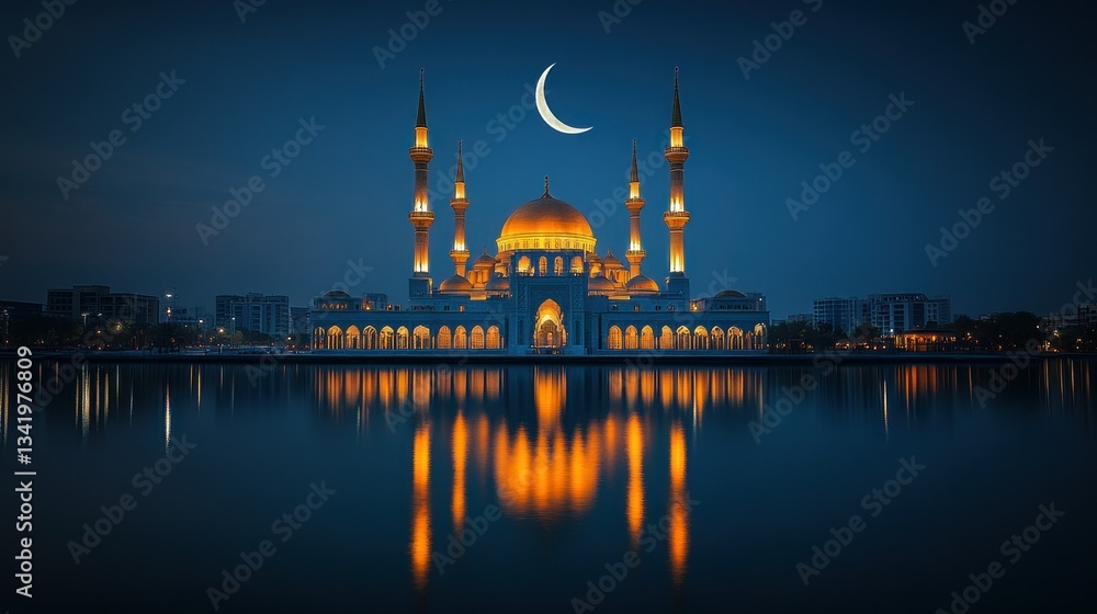 Fototapeta premium Illuminated mosque at night, reflected in calm water. Crescent moon above
