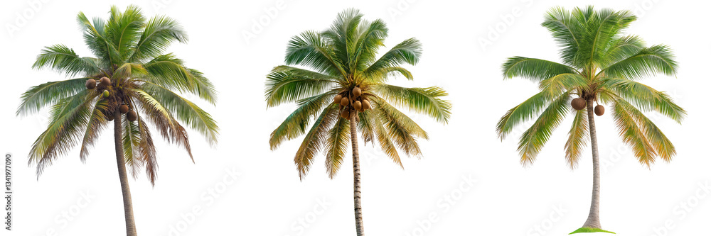 Fototapeta premium A coconut palm tree with large, arching fronds and clusters of coconuts hanging from its top, isolated on a transparent background