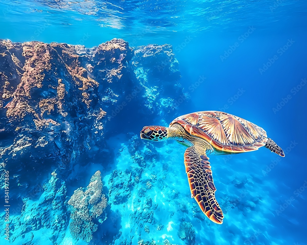 Fototapeta premium Sea Turtle glides coral reef ocean.