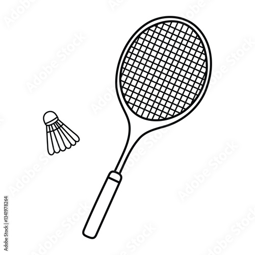 Badminton racket and shuttlecock vector illustration. Sports equipment in doodle style. Black line art isolated on white background.