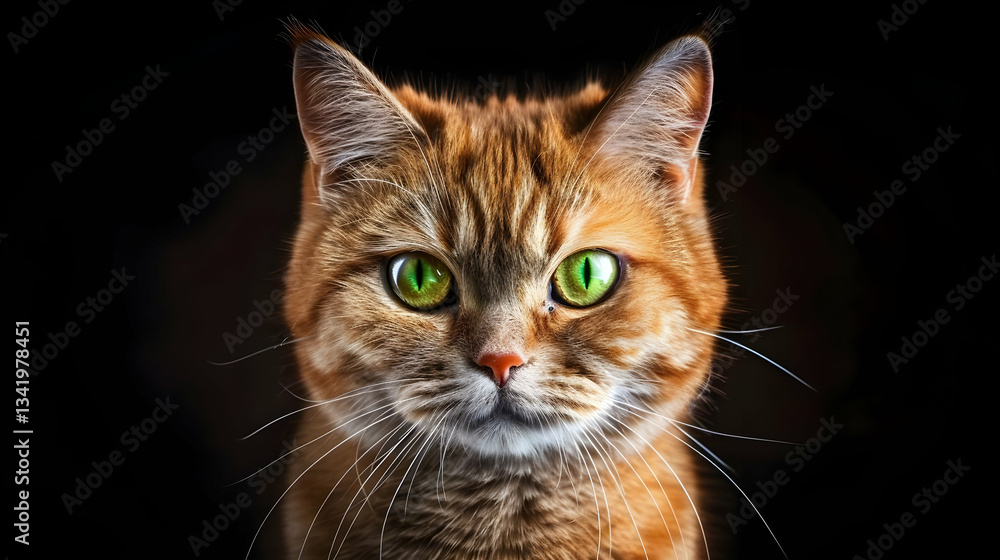 Captivating portrait of a ginger tabby cat with intense green eyes against a dark backdrop Captivating portrait of a ginger tabby cat with intense green eyes against a dark backdrop