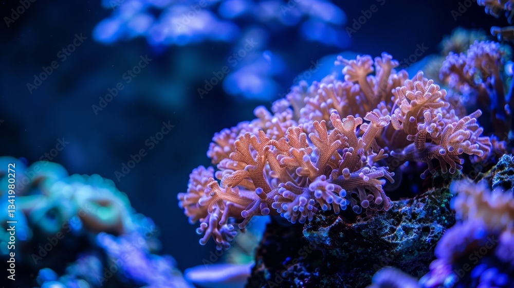 Fototapeta premium Vibrant Coral Reef Glowing Under Natural Light in Deep Blue Water