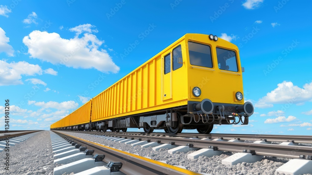 Naklejka premium Yellow Freight Train on Railroad Tracks Under Blue Sky with Clouds Modern Cargo Transportation
